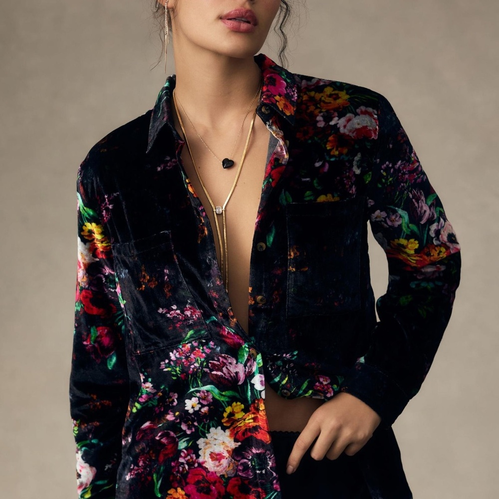 NWT Anthropologie The Pilcro Relaxed Velvet Button Down Shirt Black Motif Large